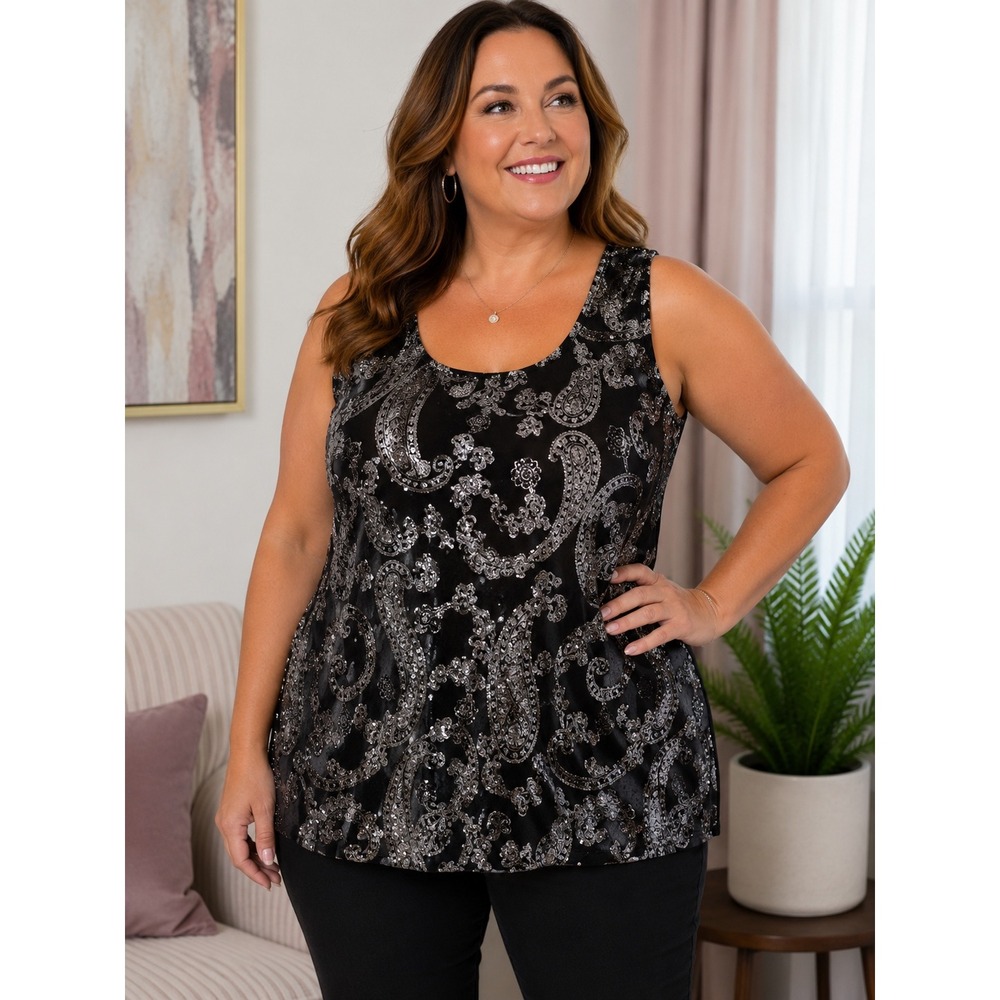 Alex Evenings Women 2X Black Silver Glitter Paisley Tank Top Scoop Neck Dressy